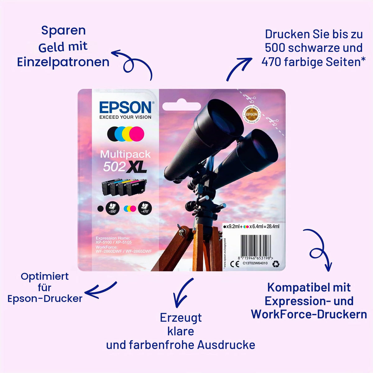 Epson Original 502XL Ink Telescope Multipack 4-color XL, XP-5100 XP-5105 XP-5150 XP-5155 WF-2860DWF WF-2865DWF WF-2880DWF WF-2885DWF, ReadyPrint Flex-Ink Plans - EPST02W64010