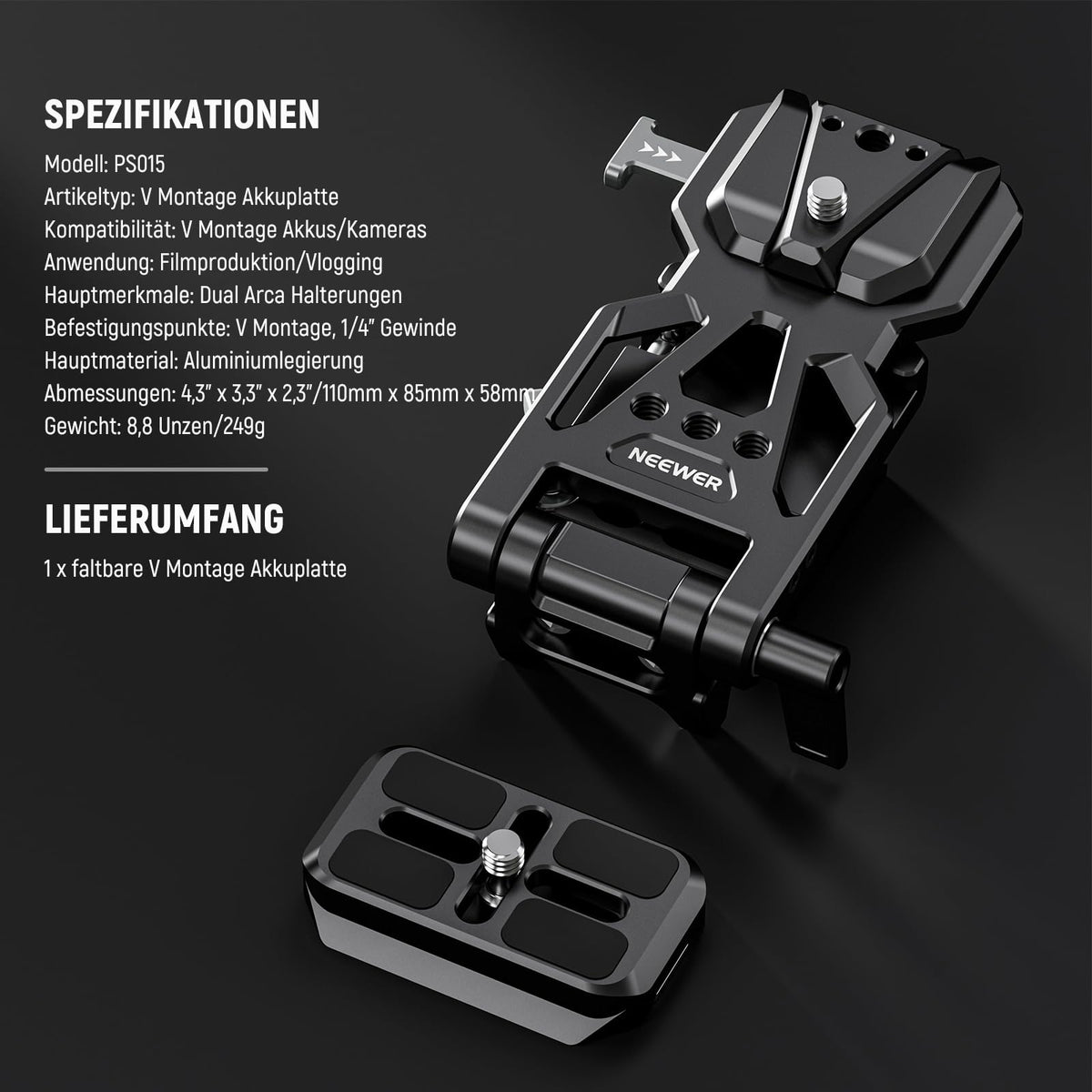 NEEWER Foldable V-Mount Battery Plate with Arca-Type Camera Base Plate for RS4 RS3 Gimbal & Tripod, Lightweight DSLR Camera Video Rig, Compatible with SmallRig V Lock Battery and Cage, PS015 - B0D6975NBR