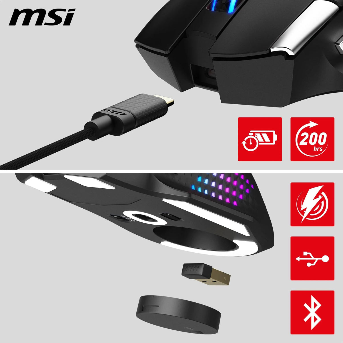 MSI Versa PRO Wireless + Mouse Dock PRO Gaming Mouse – Charging Station, 26000 DPI optical sensor, designed for right-handed users, 70 million clicks, 80 hours battery life, 97 g – wired/wireless - S12-4301370-CLA
