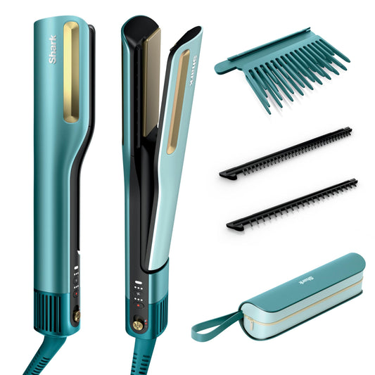 Shark SilkiPro Straightener + Hair Dryer in one with heat-resistant storage box – Turquoise Wave [HT401EUBL]