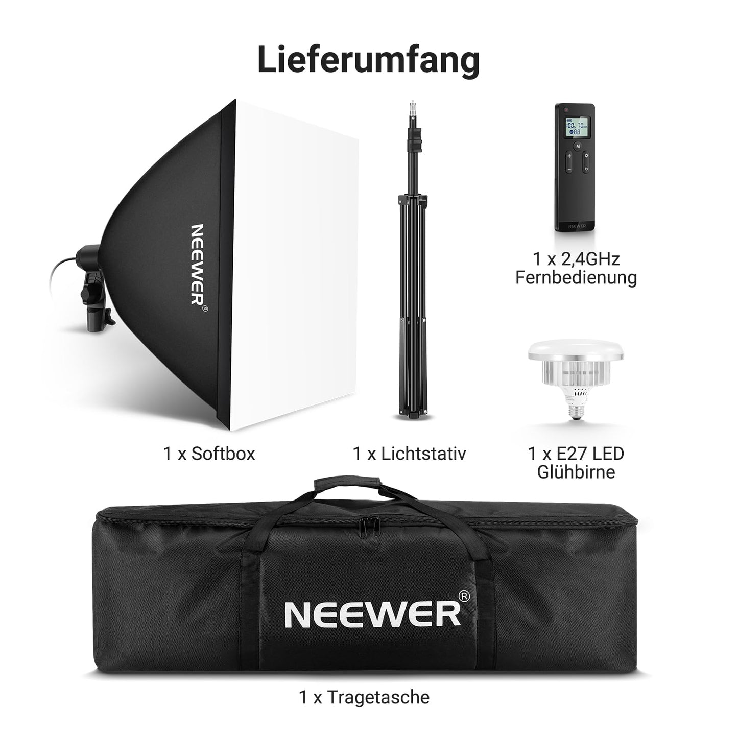 NEEWER softbox lighting set with tripod, 60x60cm soft box set, 45W bi-color 2.4G LED bulb, 20m remote control, 10 channels, 2900K-7000K, 1400lx/1m CRI95 photo studio video recording continuous light, NK104 - 10106926