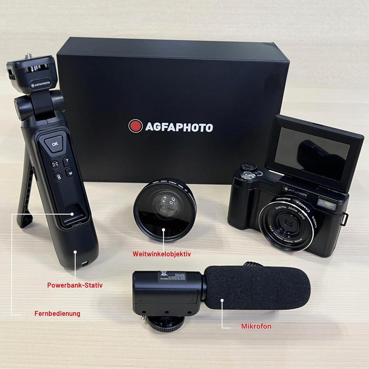 AGFA PHOTO Realishot VLG-4K Vlogging Kit - Cameră de 24MP, video 4K, ecran LCD de 3'', zoom digital de 16 ori, senzor CMOS, baterie litiu - Negru - 3760265543915