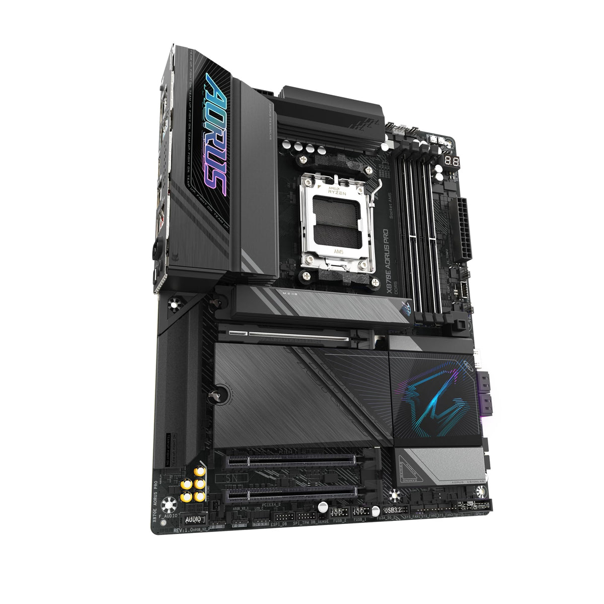 GIGABYTE X870E AORUS PRO-Mainboard - Suportă procesoarele AMD Ryzen 9000, 16+2+2 faze Digital-VRM, până la 8000MHz DDR5 (OC), 3xPCIe 5.0, Wi-Fi 7, 2.5GbE LAN, USB 4