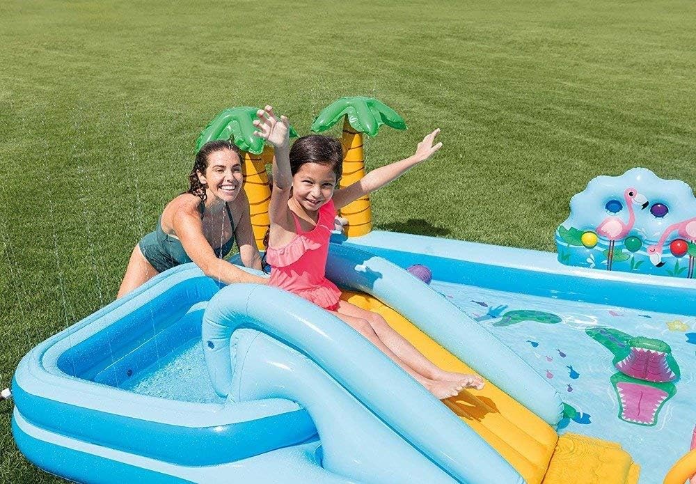 INTEX "Jungle Adventure Play" Inflatable Paddling Pool for Children Children's Pool Set 244 x 198 x 71cm Jungle World Flamingo, Crocodile, Hippopotamus & Monkey, Rain Shower & Slide, 550 l (57161NP)
