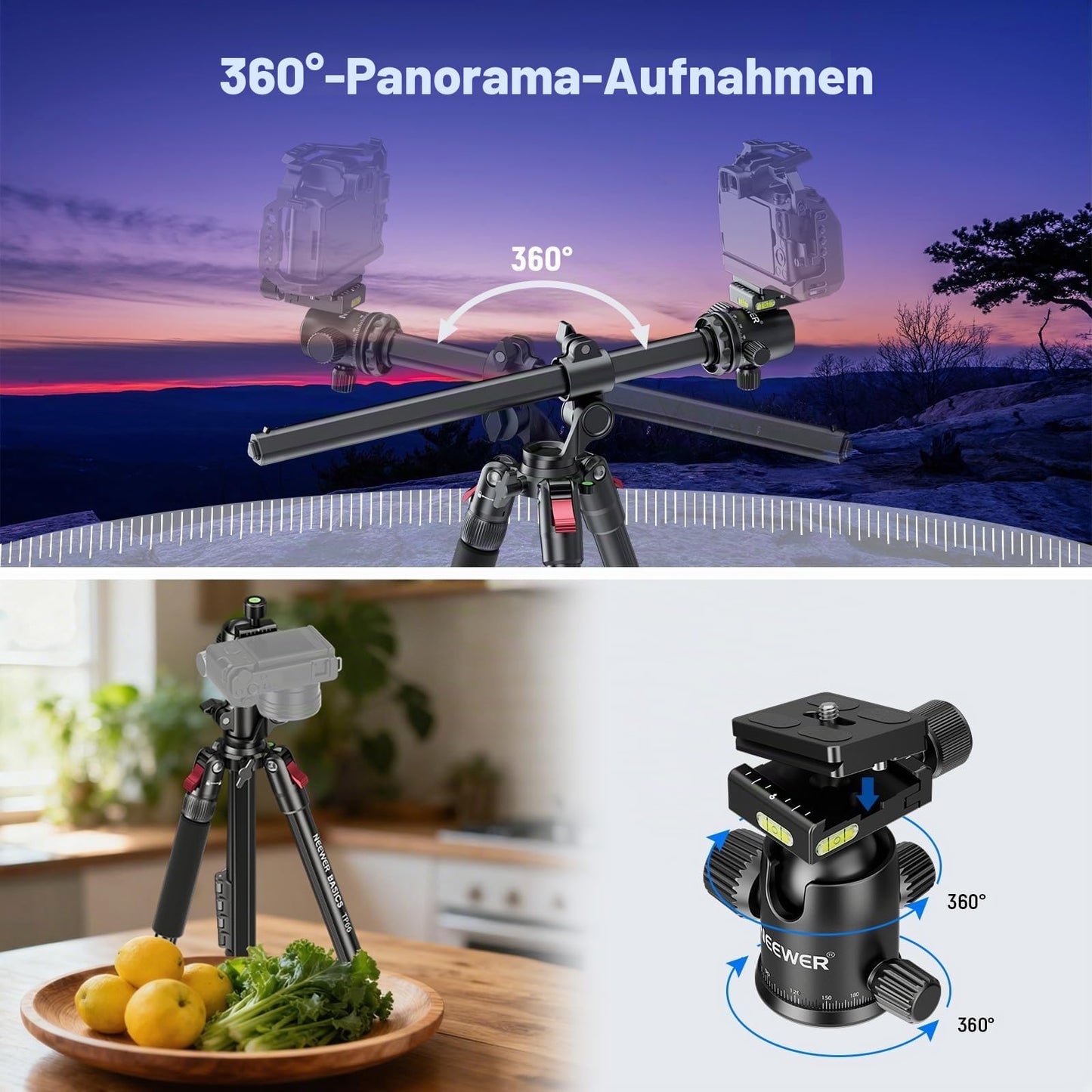 NEEWER Basics 64.5" Horizontal Overhead Camera Tripod with Ball Head/Mobile Phone Holder Compatible with iPhone, Aluminum Travel Tripod Monopod, 360° Pan, 180° Tilt Angle, 10kg Load Capacity, TP66