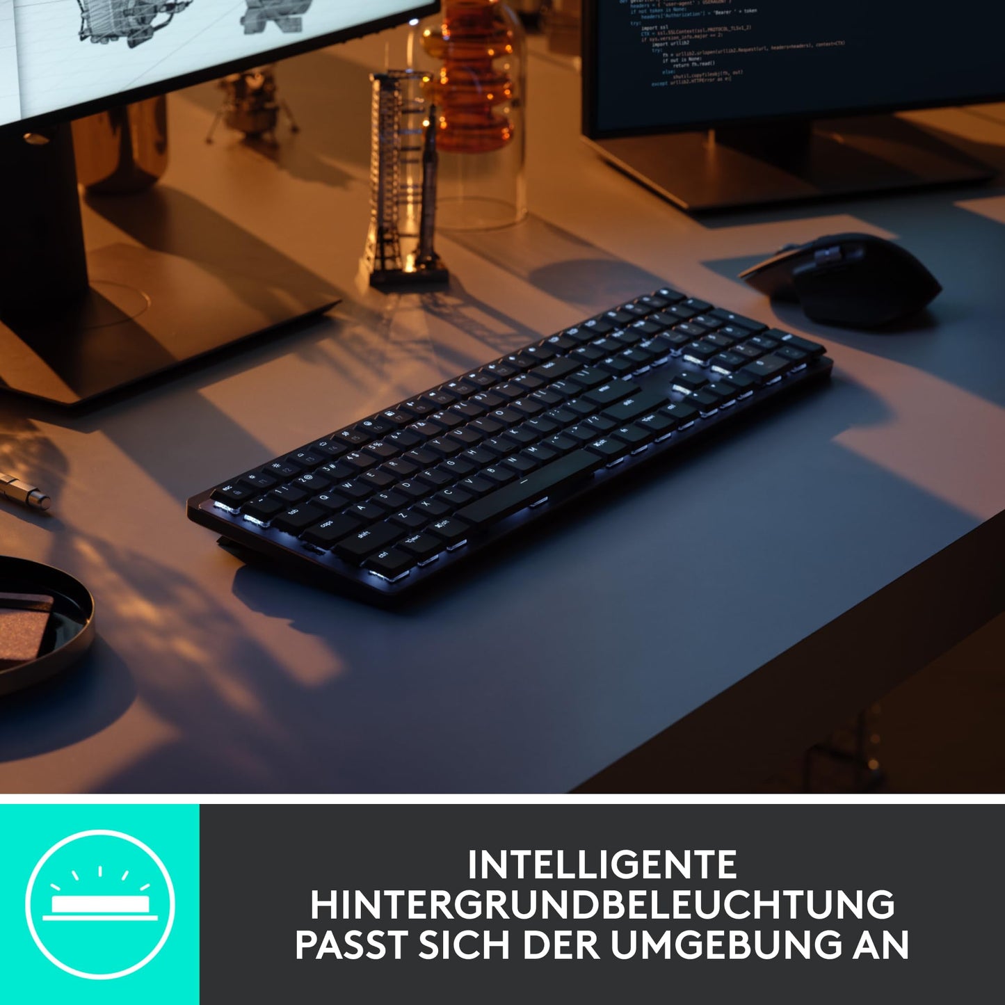 Logitech MX Mechanical Wireless Backlit Performance Keyboard, Linear Keys, Backlit, Bluetooth, USB-C, macOS, Windows, Linux, iOS, Android, Metal, German QWERTZ - Gray - 920-010749