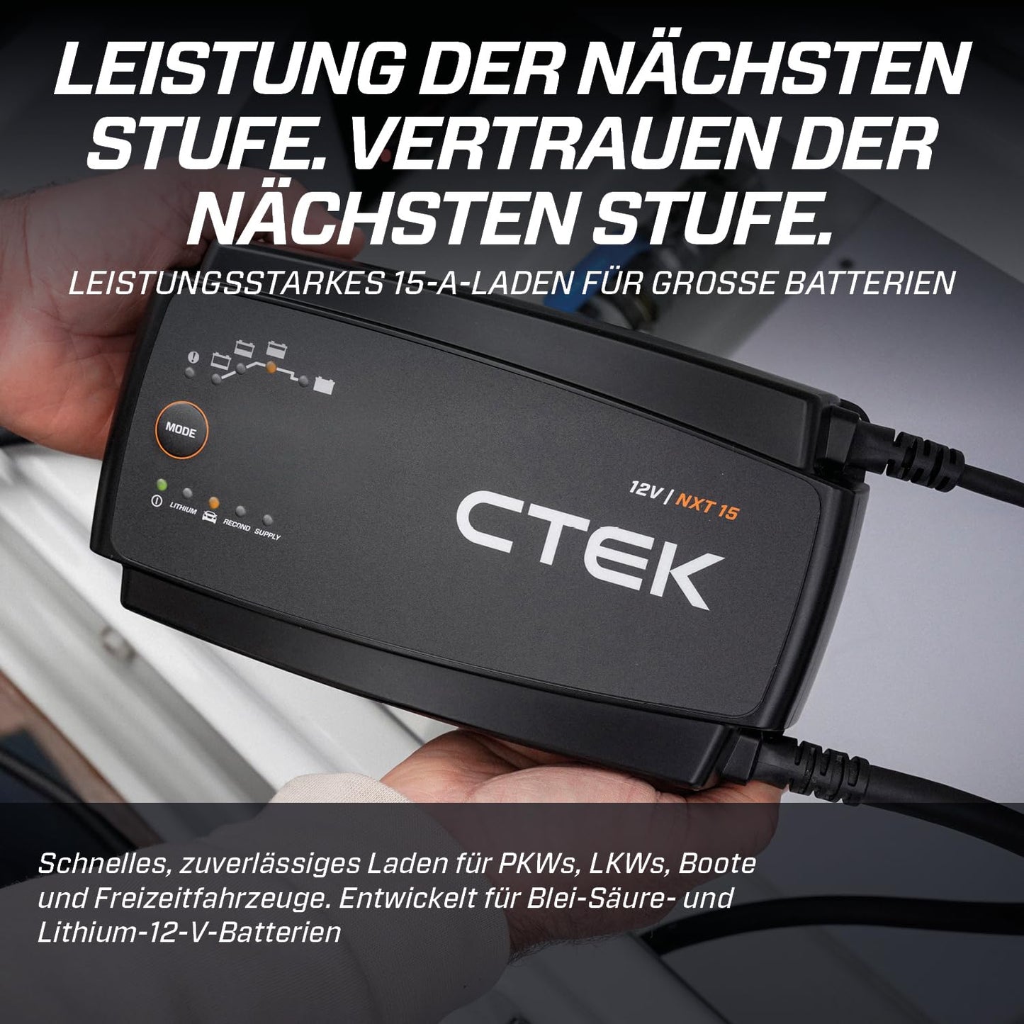 CTEK NXT 15 Smart Battery Charger 12V 15A Lithium Compatible Reconditioning and Supply Mode Temperature Compensation Battery Maintenance Tool for Automotive, Boat and RV - 40-725