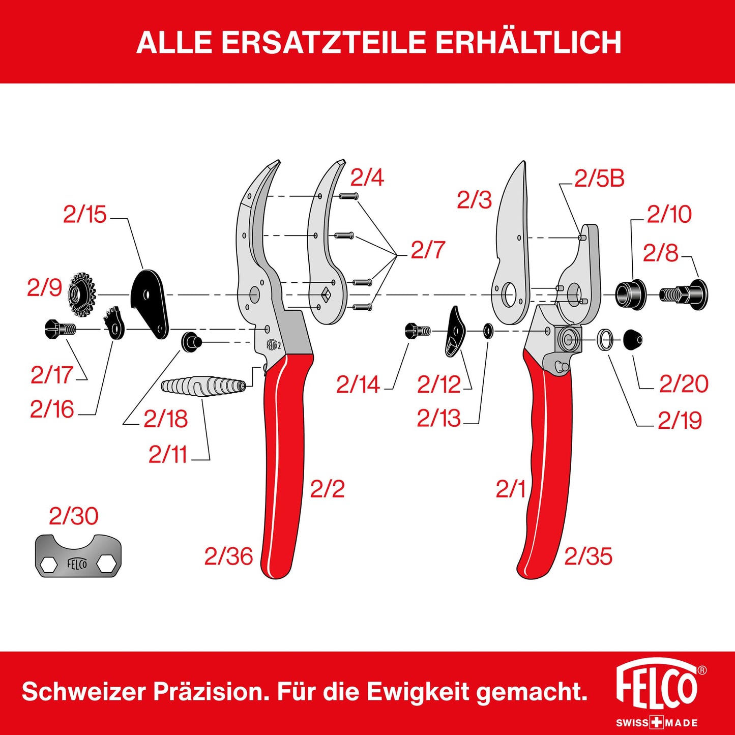 FELCO 2 Professional Right Handed Bypass Pruning Shears, 41mm Hardened Steel Blade, Forged Aluminum Handles, Heavy Duty Tool for Medium to Large Hands, 25mm Cut, Swiss Made - F-2