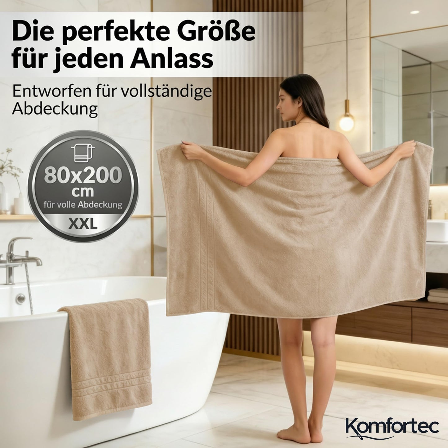 Komfortec 2 sauna towel set 80x200 cm, large sauna towels made of 100% cotton, sauna towels, fluffy and absorbent, quick-drying, sand/beige - 2er-80x200-beige