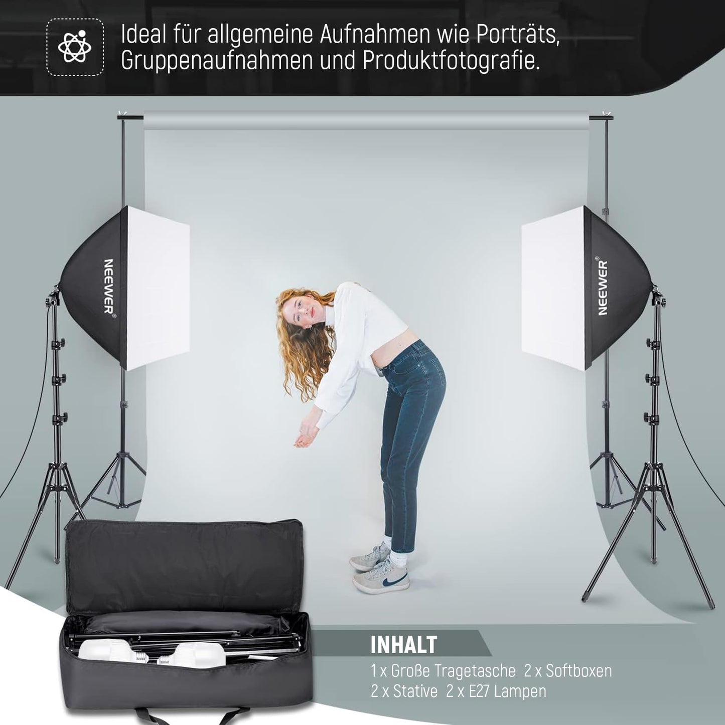 NEEWER softbox lighting set, equivalent to 700W, pack of 2 5700K LED light bulbs, 24 x 24 inch softboxes with E27 socket, photography continuous light set, photo studio equipment - Neewer