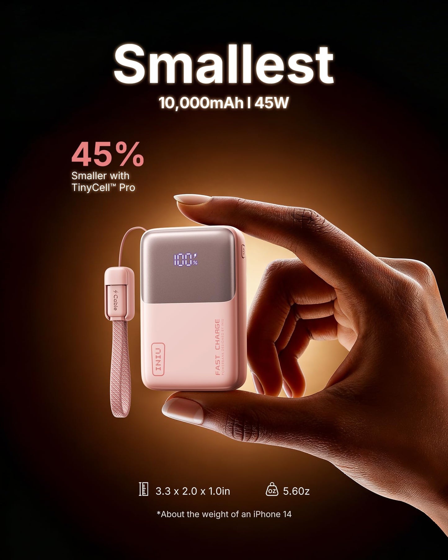 INIU Mini Power Bank, 45W 10000mAh Power Bank Small But Strong (USB C In & Out), Quick Charge Function PD3.0 External Mobile Phone Batteries, Compatible with iPhone 17 16 15 Pro Max Mini Samsung S24, Soft Pink - P50