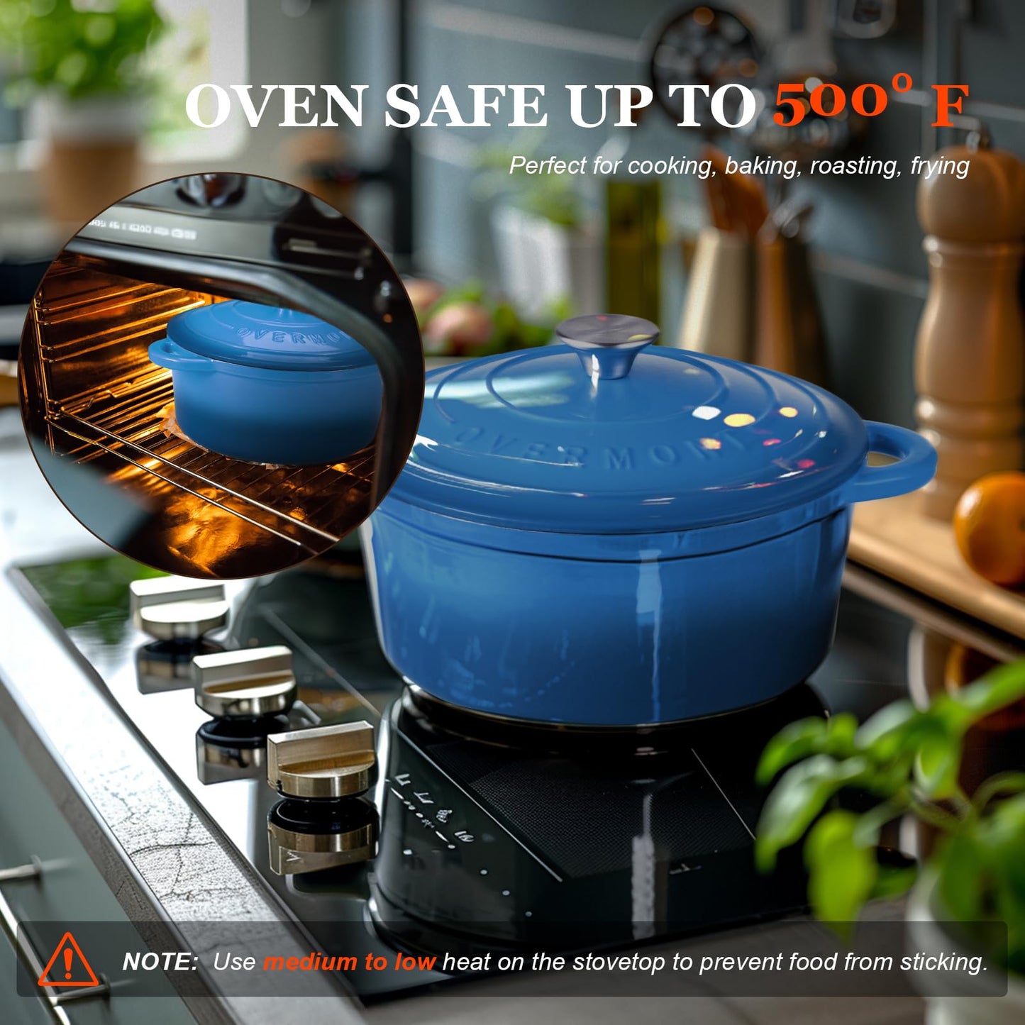 Overmont roasting pan enamel cast iron pot - casserole dish 24cm oven-safe - with lid and cookbook - for kitchen baking stewing roasting blue - Enamelled