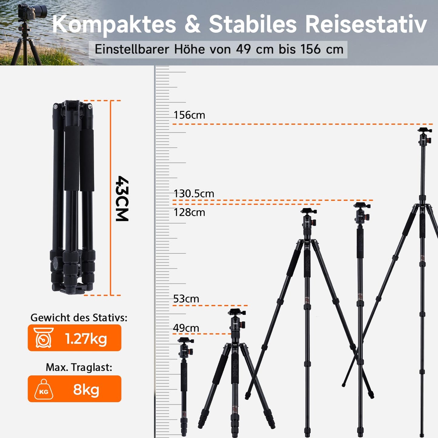 Rollei C5i camera tripod black, 158cm Compact photo tripod made of aluminum with ball head Lightweight travel tripod with monopod function for DSLR camera Arca Swiss compatible tripod for smartphone - 22583