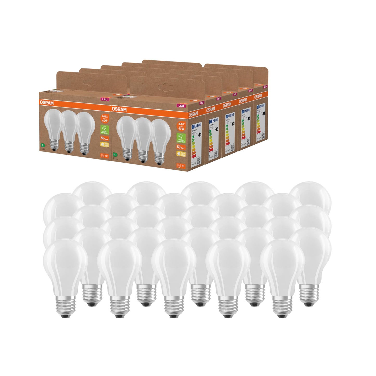 Osram highly efficient LED lamps with energy efficiency class A, value pack with 30 bulbs, replaces conventional 60W light bulbs, pear shape, warm white (2700K), E27, matt glass - 4099854338663