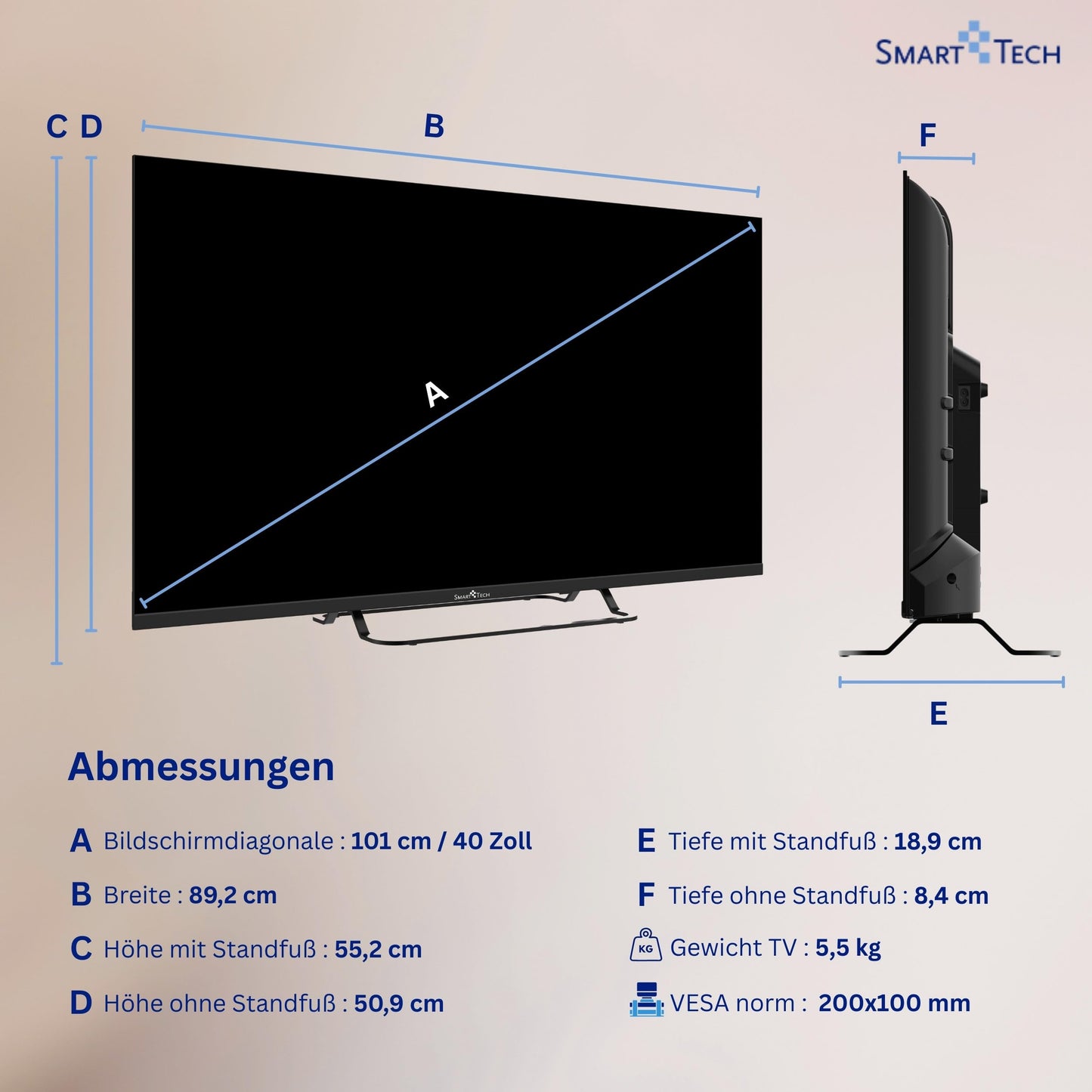 Smart Tech 40FV02V TV 40 inch Smart TV VIDAA - TV with Full HD resolution and triple tuner, LED TV (2026)