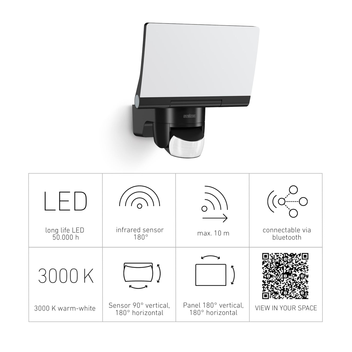 Steinel LED spotlight XLED Home 2 SC Connect, 180° motion detector, 13.8 W, 1550 lm, floodlight, fully swiveling, 3000 K, black - 065447