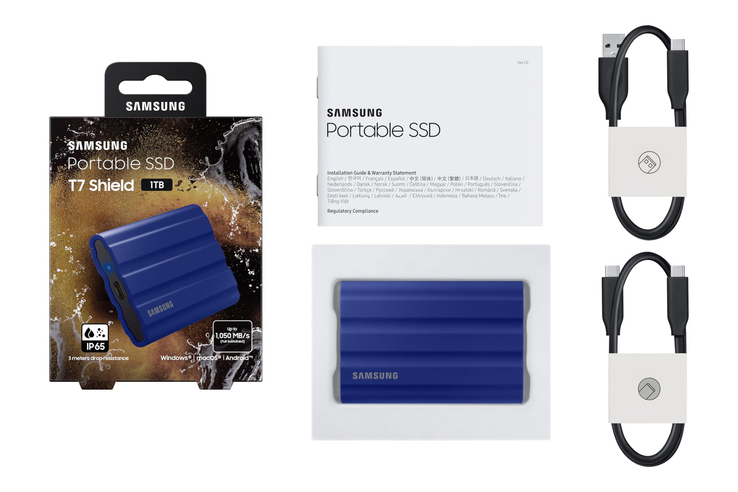 Samsung Portable SSD T7 Shield, 1 TB, USB 3.2 Gen.2, 1,050 MB/s read, 1,000 MB/s write, robust external hard drive outdoor for Mac, PC and smartphone, blue, MU-PE1T0R/EU