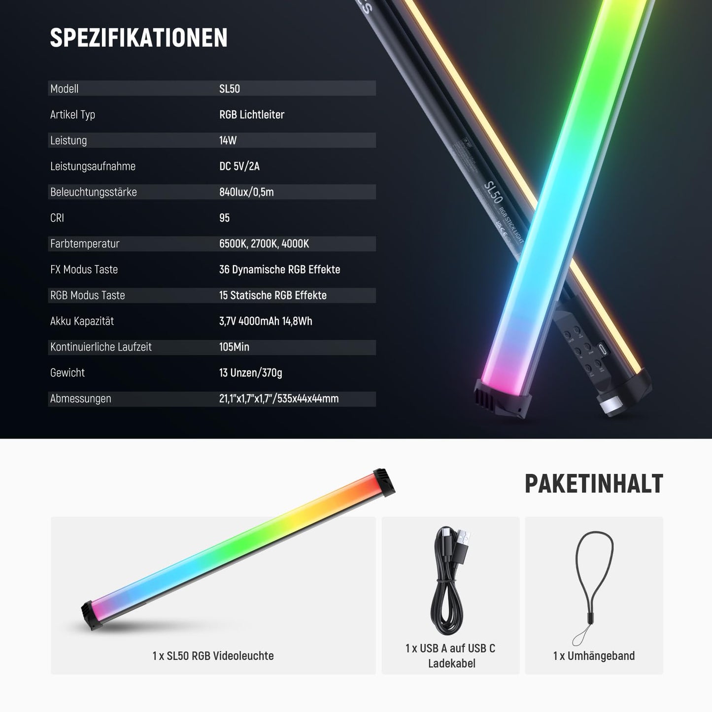 NEEWER Basics 21" Magnetic RGB Light Stick, CRI95 Dimmable 14W LED Handheld Video Light Stick with 51 RGB Modes, 4000mAh Battery for YouTube, TikTok, Recording Studio, Photography, Streaming, SL50