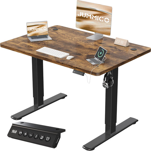 JUMMICO Birou reglabil pe înălțime cu port de încărcare USB, birou reglabil electric pe înălțime 90 x 60 cm, masă de lucru stand-sit, birou standing, masă de calculator reglabilă, birou standing, maro - 0403