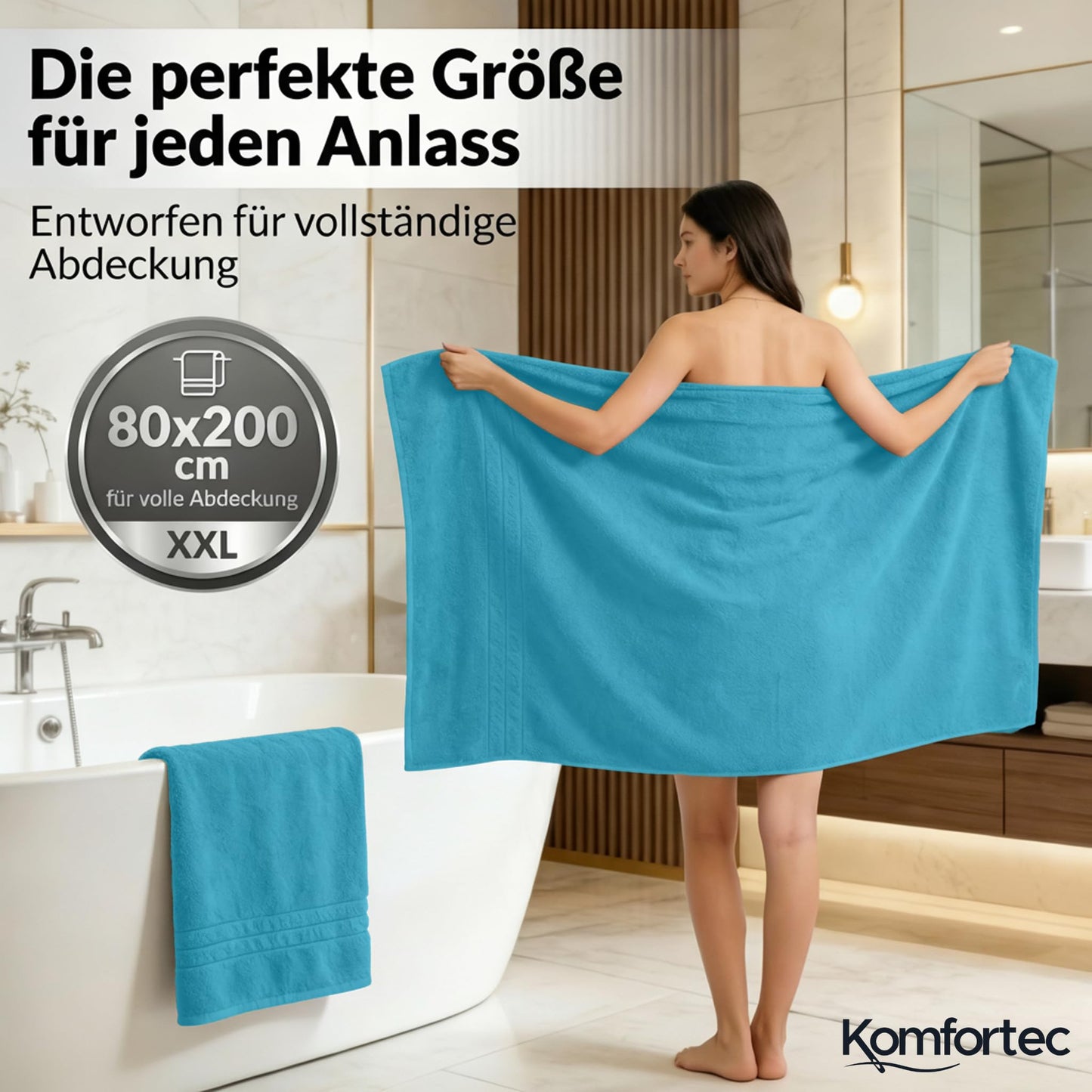 Komfortec 2 sauna towel set 80x200 cm, large sauna towels made of 100% cotton, sauna towels, fluffy and absorbent, quick-drying, turquoise - 2er-80x200-türkis