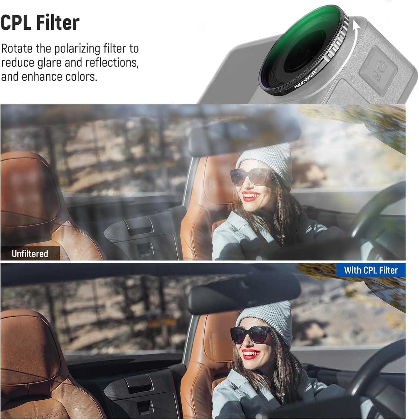 NEEWER CPL & ND filter set compatible with DJI Osmo Action 4/Action 5 Pro (pack of 6), screw-on CPL+ND8+ND16+ND32+ND64+ND1000 filter set action camera accessories, multi-layer optical, FL-A13 - 10105203