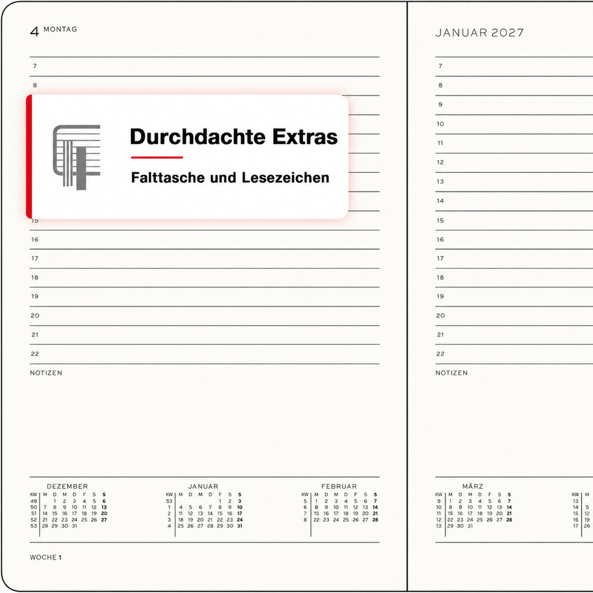 LEUCHTTURM1917 Daily Calendar 2027 Medium (A5) - German, Cherry, 145 x 210 mm, January-December (12 months), 1 page per day, hourly grid 7:00-22:00, hardcover, 80 g/m² paper - 400159