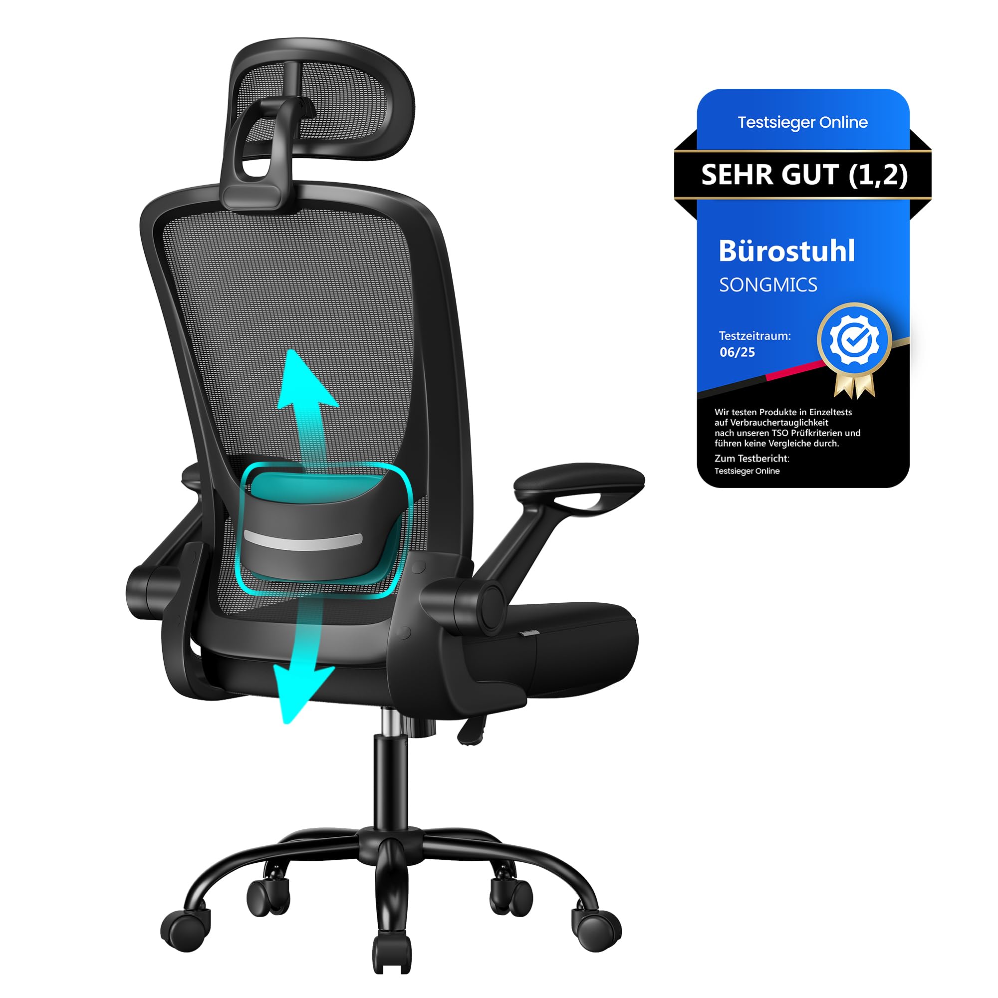 SONGMICS ergonomic office chair, swivel chair with mesh, lumbar and headrest, rocker function, 53 cm seat, folding armrests, study and bedroom, students, ink black OBN047B01