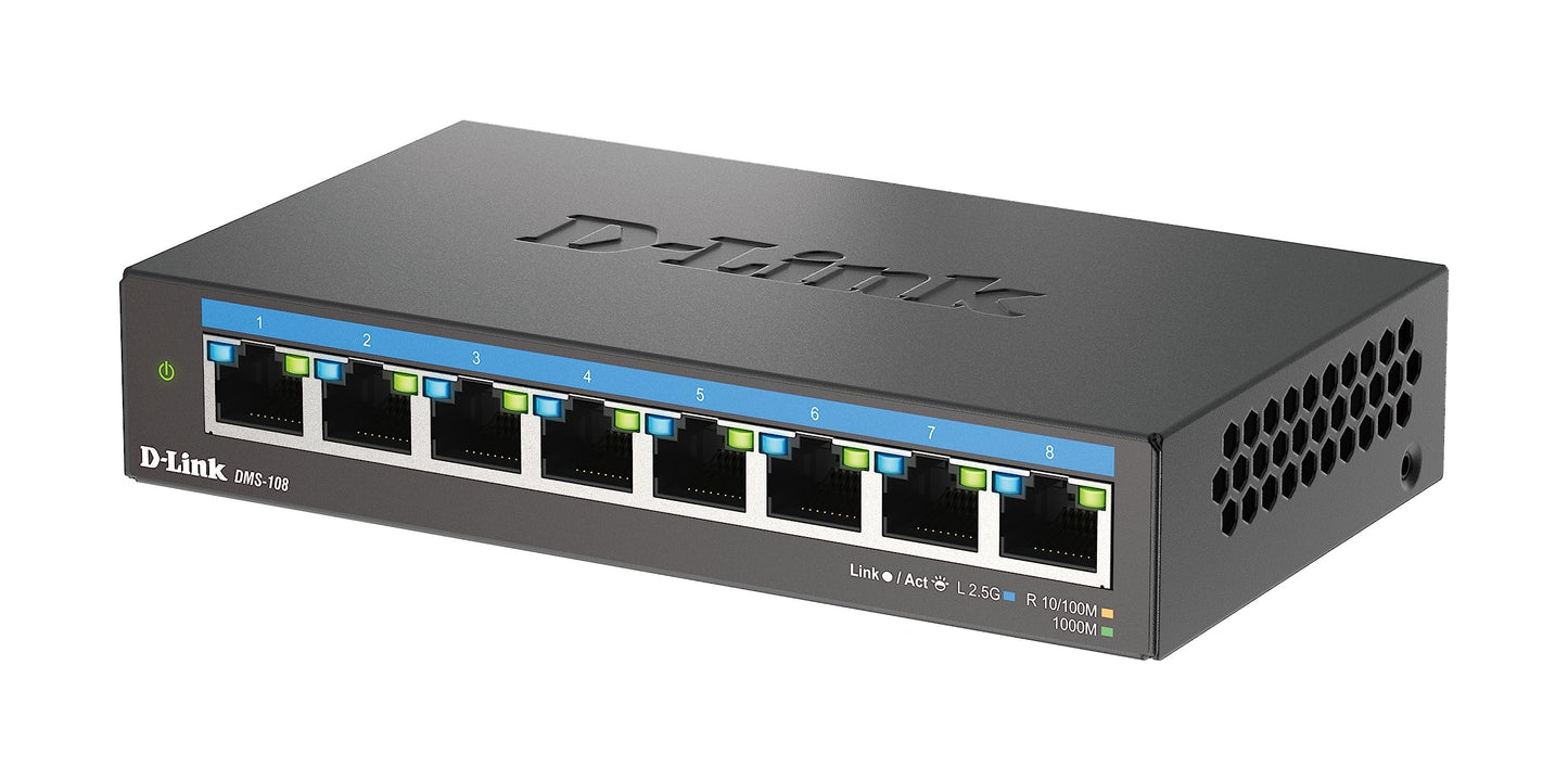 D-Link DMS-108 8-Port Multi-Gigabit Unmanaged Desktop Switch (8x 2.5G Ports, Fanless, Compact, Metal Housing, QoS, Plug and Play) - DMS-108/E