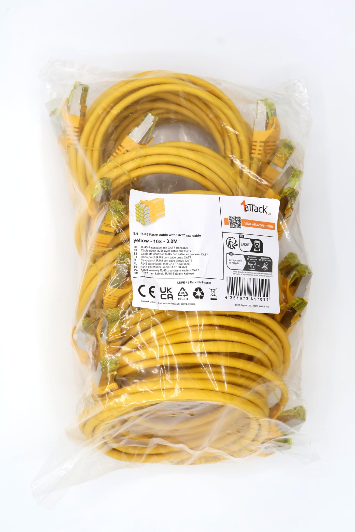 1aTTack.de Cat.7 network cable 3.0 m yellow pack of 10 Cat7 Ethernet cable network LAN cable raw cable 10 Gb s SFTP PIMF LSZH set patch cable with Rj 45 plug Cat.6a - 4251073617022