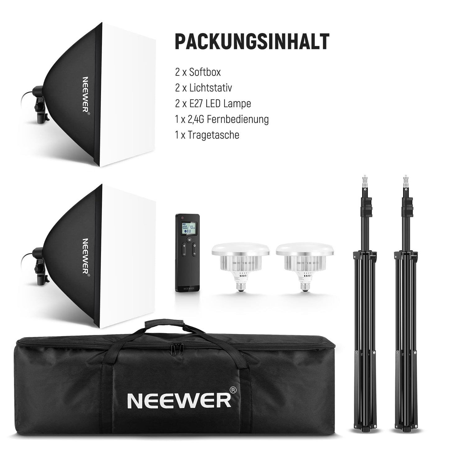 NEEWER 24"x24" softbox lighting kit with tripod stands, pack of 2, 45W two-tone 2.4G LED bulbs, 10 channels, 2900K-7000K, 1400Lux/m, CRI95, 20m remote control, photography continuous light kit, NK103 - 10105818