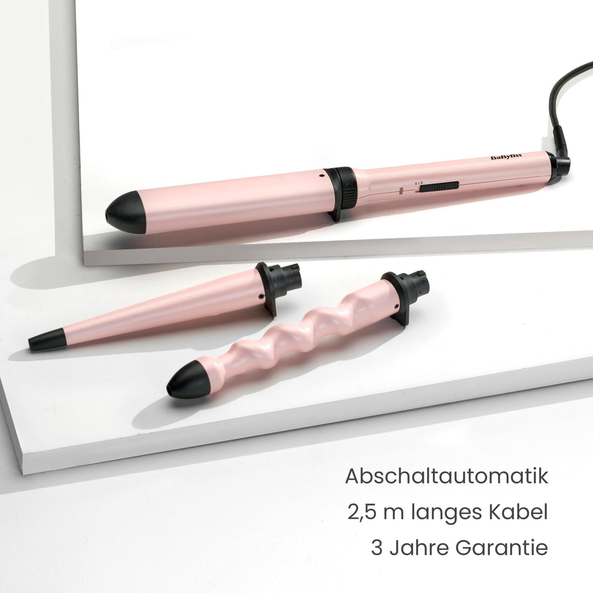 BaByliss Curl and Wave Trio Multistyler, professional curling iron set with 3 attachments for curls, waves, and beach waves, ceramic coating, pink, MS750E