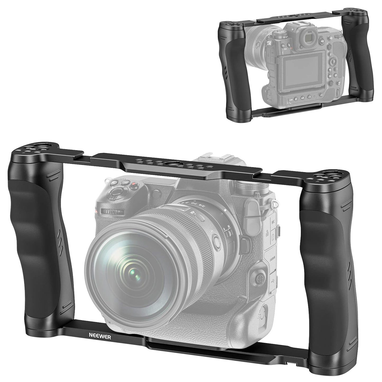 NEEWER video camera cage rig with Arca base, double handles, 3/8" ARRI mount & 1/4" thread, cold shoes, universal stabilizer compatible with SmallRig NEEWER base plate 15mm rods, CA016