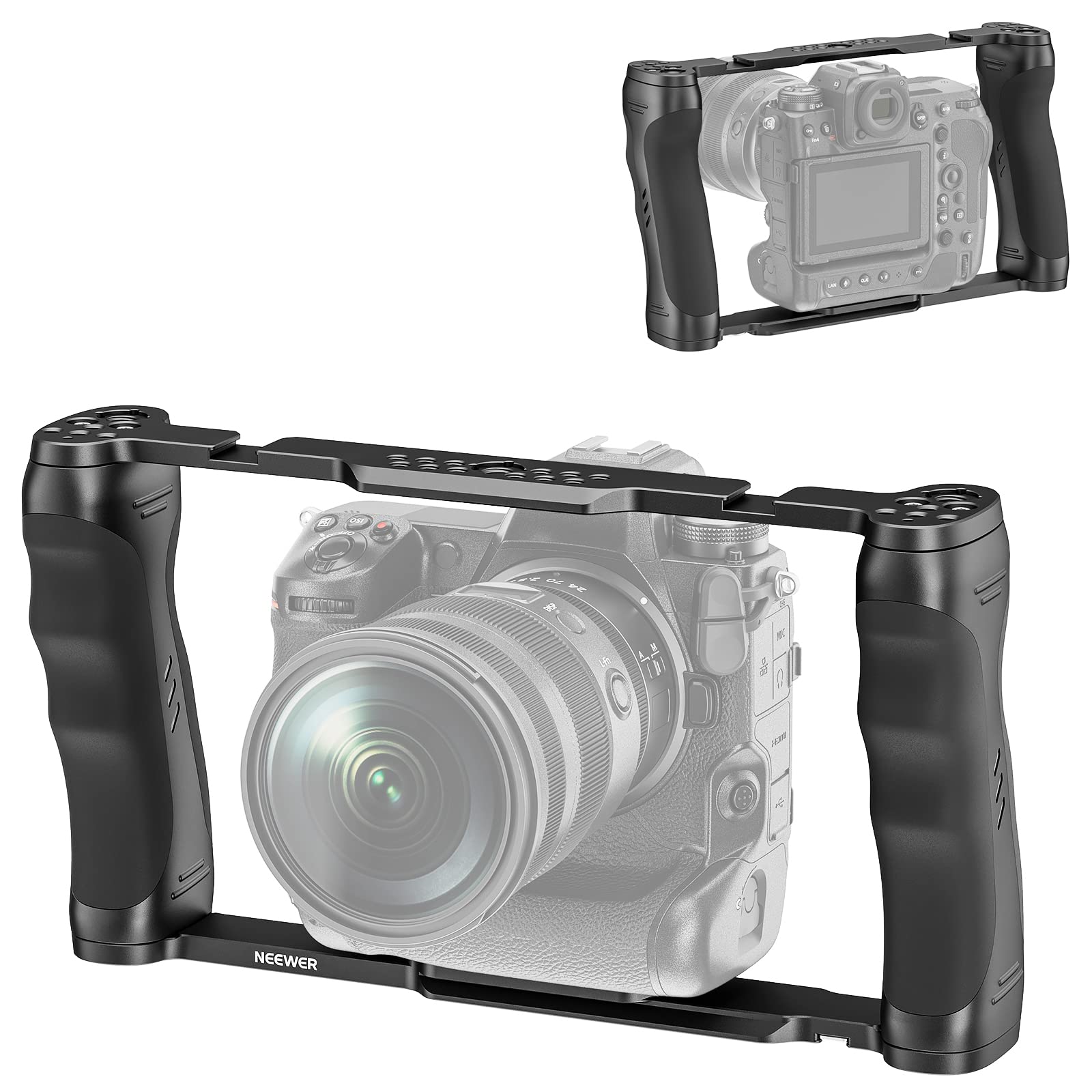 NEEWER video camera cage rig with Arca base, double handles, 3/8" ARRI mount & 1/4" thread, cold shoes, universal stabilizer compatible with SmallRig NEEWER base plate 15mm rods, CA016