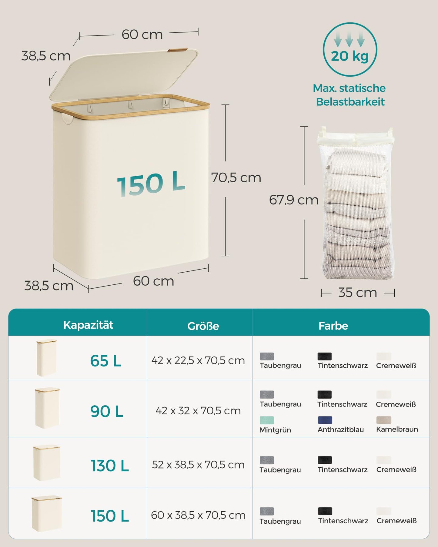 SONGMICS Laundry Basket with Lid, Laundry Hamper with 3 Compartments, 150L, Removable Laundry Bag, Oxford Fabric, Bamboo Handles, Foldable, 60 x 38.5 x 70.5 cm, Cream White LCB515W01 - PCT611W01