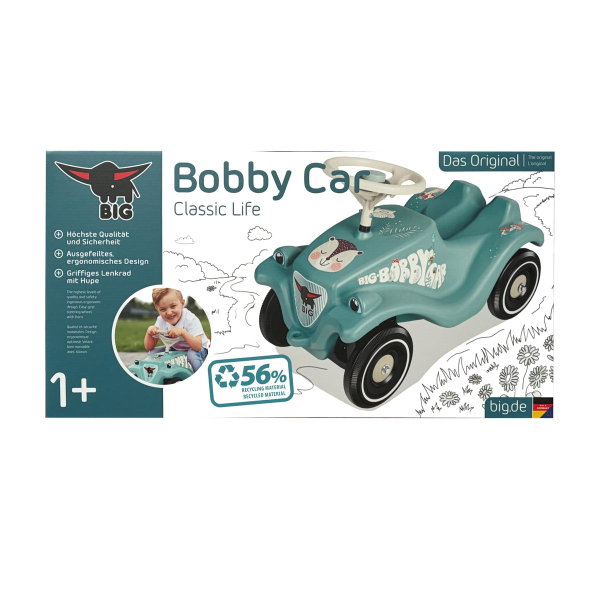 Big Bobby Car Classic Life - Ride-on car for children from 1 year, made from recycled plastic, ergonomic body, safety steering wheel with horn, sturdy wheels, Petrol-Beige, suitable from 12 months. - 800056148