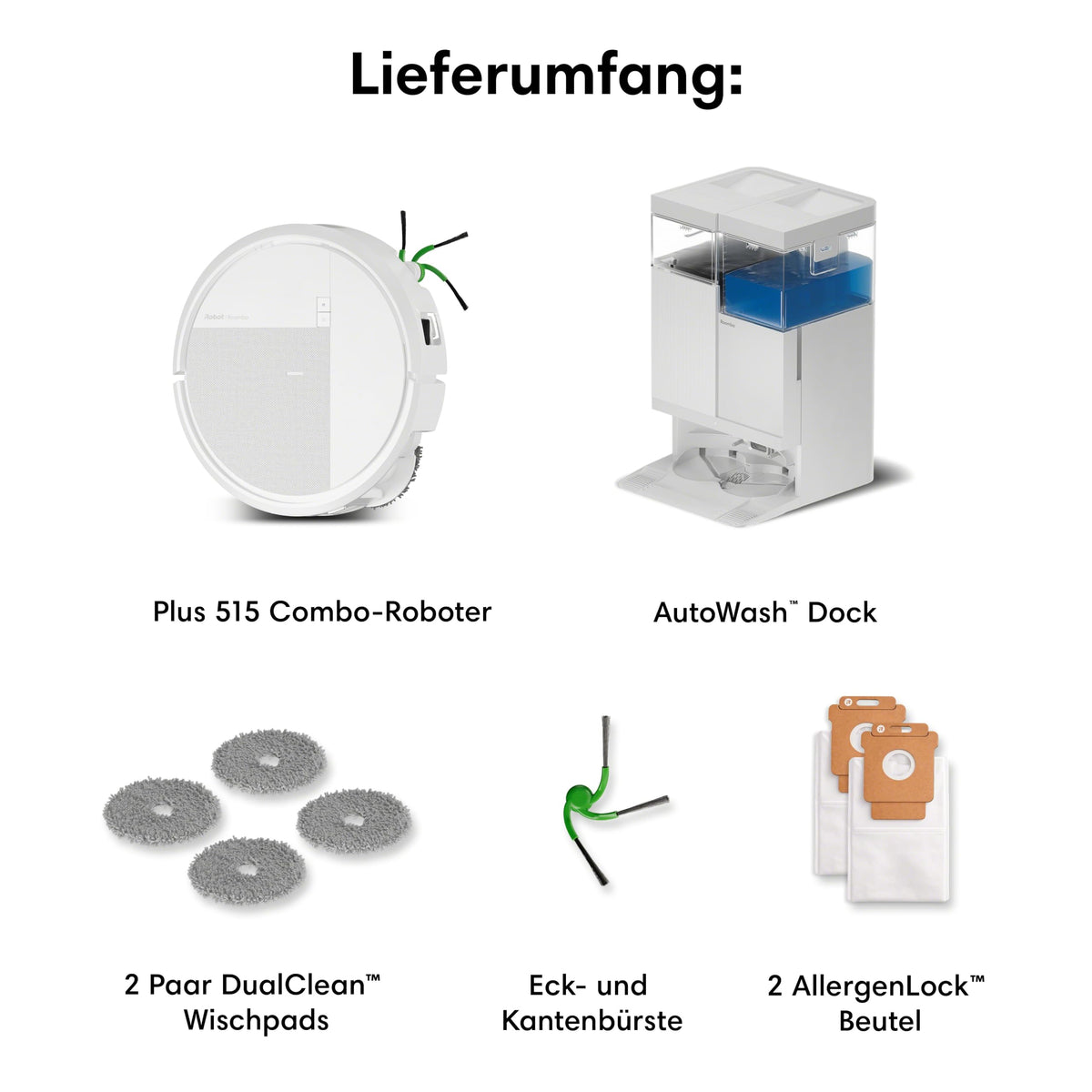 iRobot Roomba® Plus 515 Combo Robot + AutoWash™ Dock, 22Kpa, Dock multifuncțional, spală și usucă padurile de ștergere la temperaturi ridicate, Clearview LiDAR, se golește singur, alb - N285240
