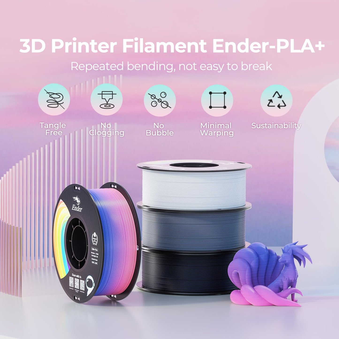 Creality gradient PLA filament 1.75mm, rainbow Ender PLA+ 2kg spool, dimensional accuracy ±0.02mm - ideal for 3D printer K1 K2 Ender Hi - 3301010704