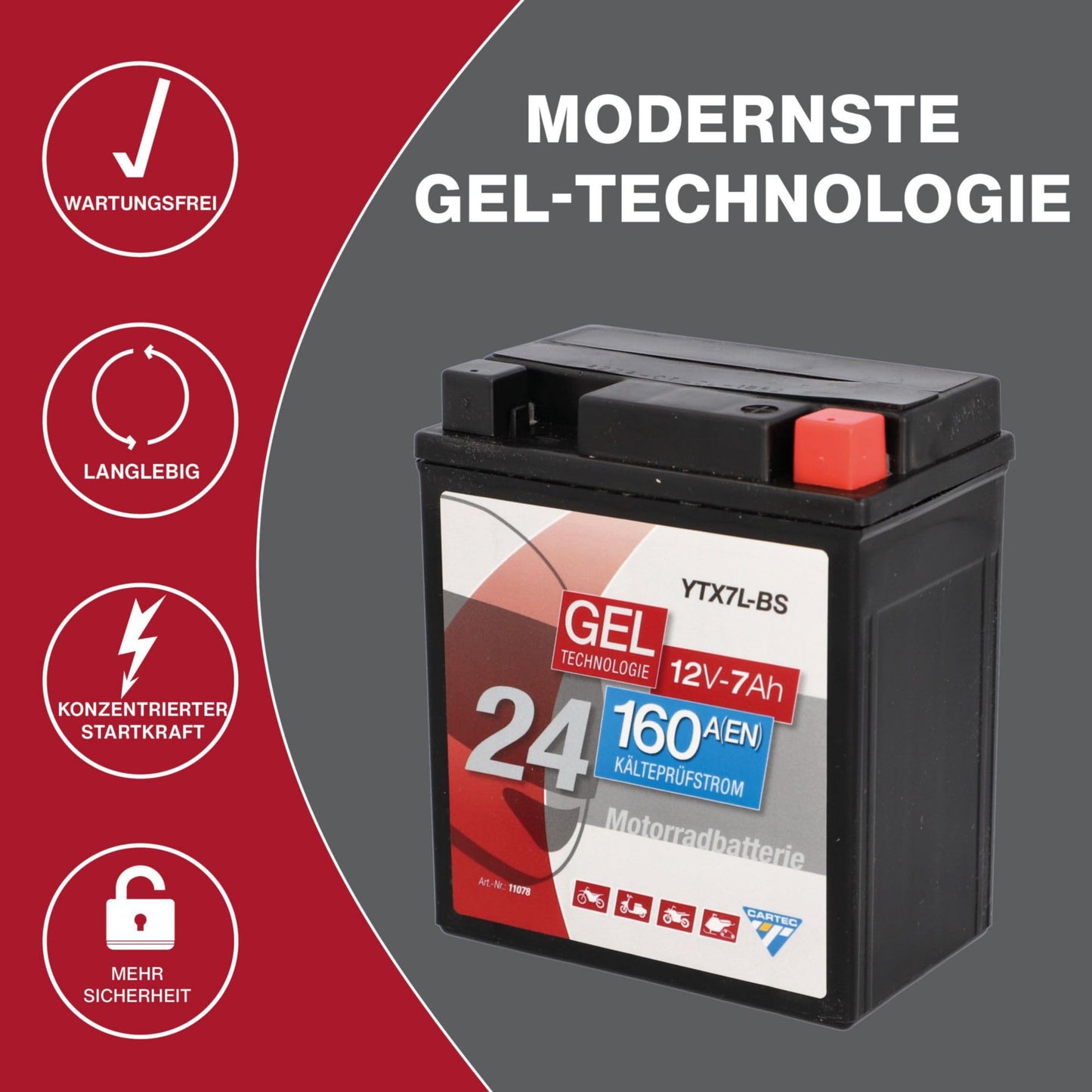 CARTEC motorcycle battery YTX7L-BS, 7Ah, 160A, gel technology motorcycle starter battery, original equipment manufacturer quality, cycle-proof, storable, maintenance-free, black - 11078