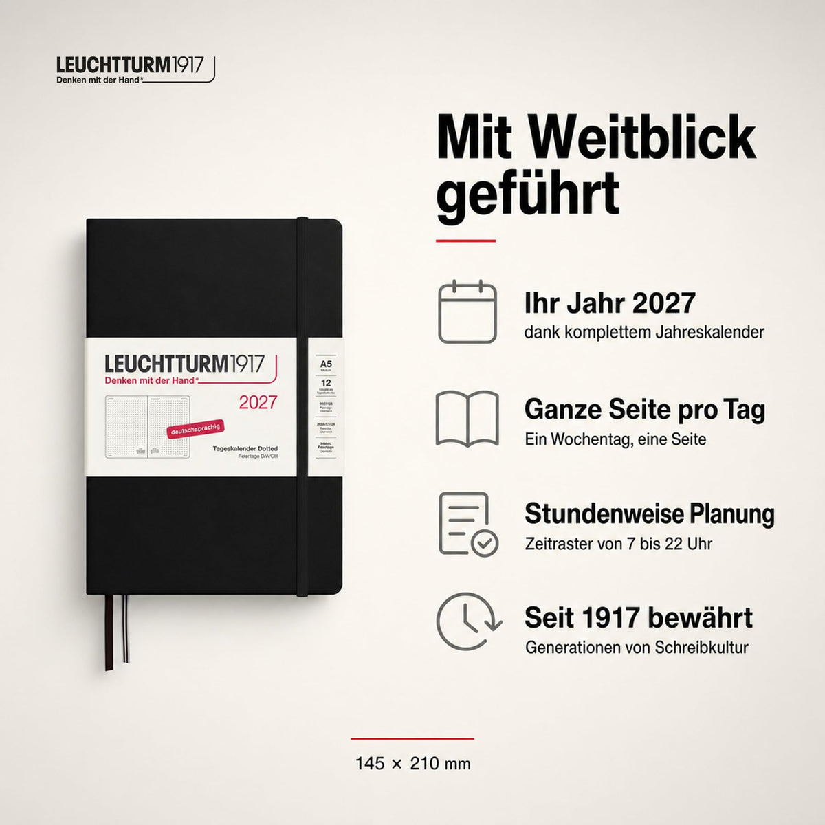 LEUCHTTURM1917 Daily Calendar 2027 Dotted Medium (A5) - German, black, 145 x 210 mm, January-December (12 months), 1 page per day, hourly grid 7:00-22:00, hardcover, 80 g/m² paper - 400166