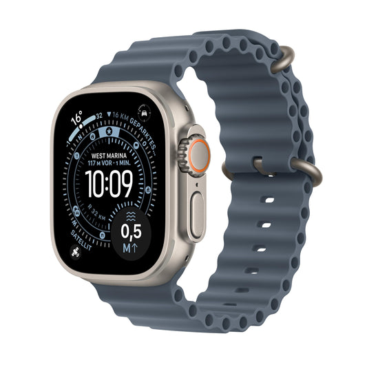 Apple Watch Ultra 3 GPS + Cellular 49 mm premium smartwatch for running training and combination sports with a robust titanium case in natural and Ocean bracelet in maritime blue - MEWH4QF/A