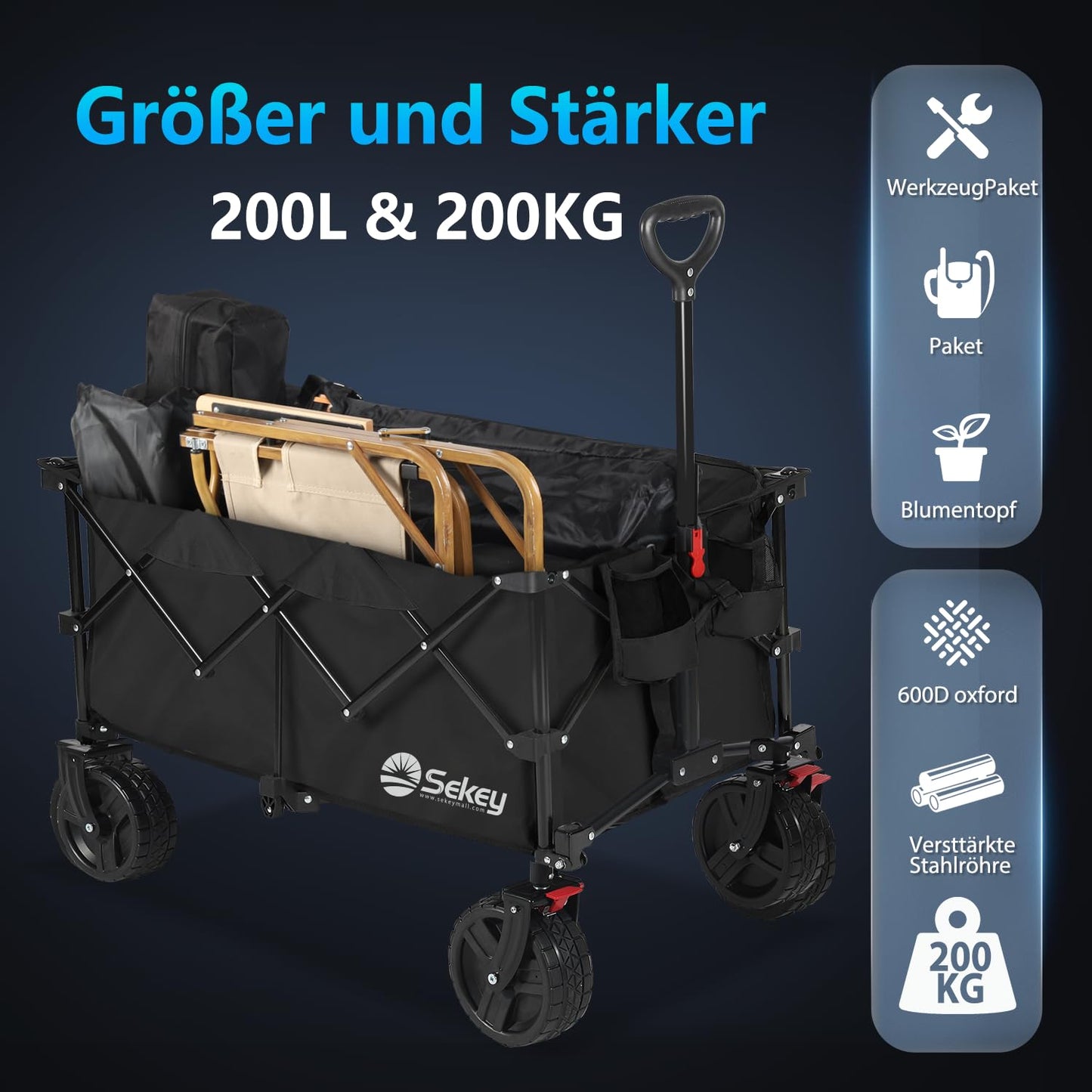 Sekey XXL Plus handcart foldable with brakes 200L 200KG load capacity, extra wide tires all terrain handcart, patented foldable from four directions, - FW21