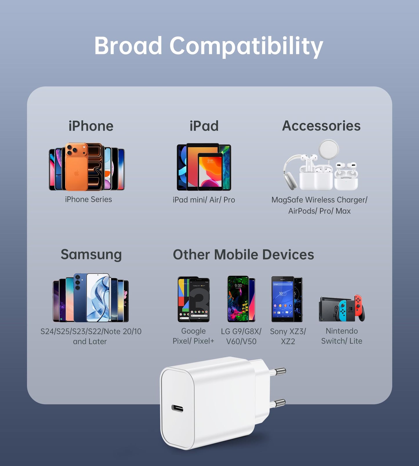 Seadmit 20W USB C adapter, USB-C charger compatible with iPhone 17/16/15/14/13 Plus Pro Max, iPad, Air-Pods, Samsung Galaxy S25/24/23, plug power supply quick charger charger (4 ports + charging cable)