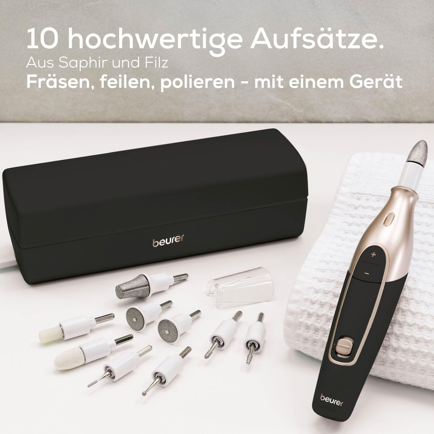 Beurer MP 84 Special Edition manicure/pedicure set, electric nail file with battery, 10 attachments, LED light, including storage case, up to 4400 rpm, nail cutter for hand and foot care, black - 10213