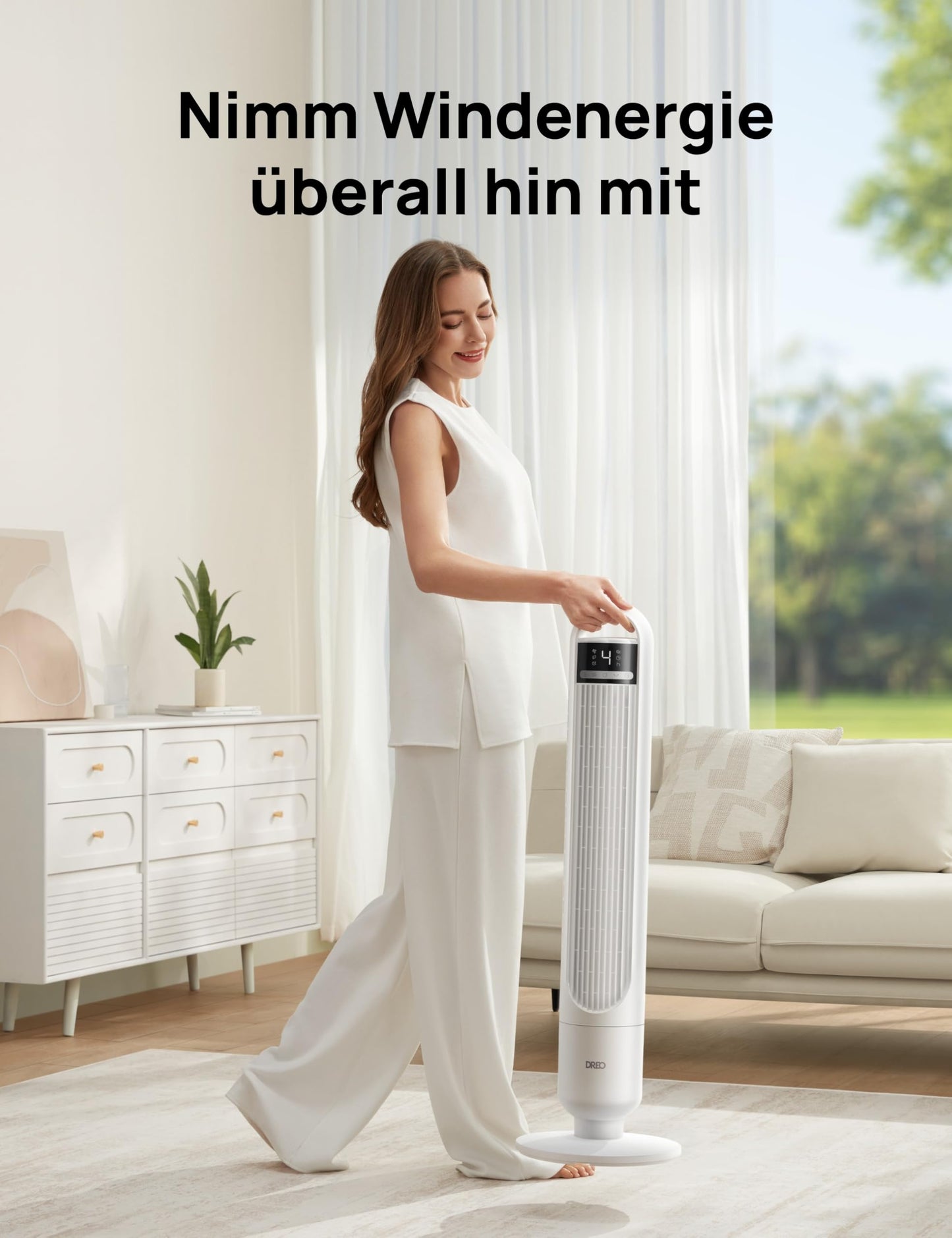 DREO Quiet Tower Fan, Fan with Cooling, Remote Control for Bedroom, Tower Fan with 4 Speeds, 3 Modes, 9.8m Wind Range, 8H Timer, 90° Oscillating for Living Room - DR-HTF017