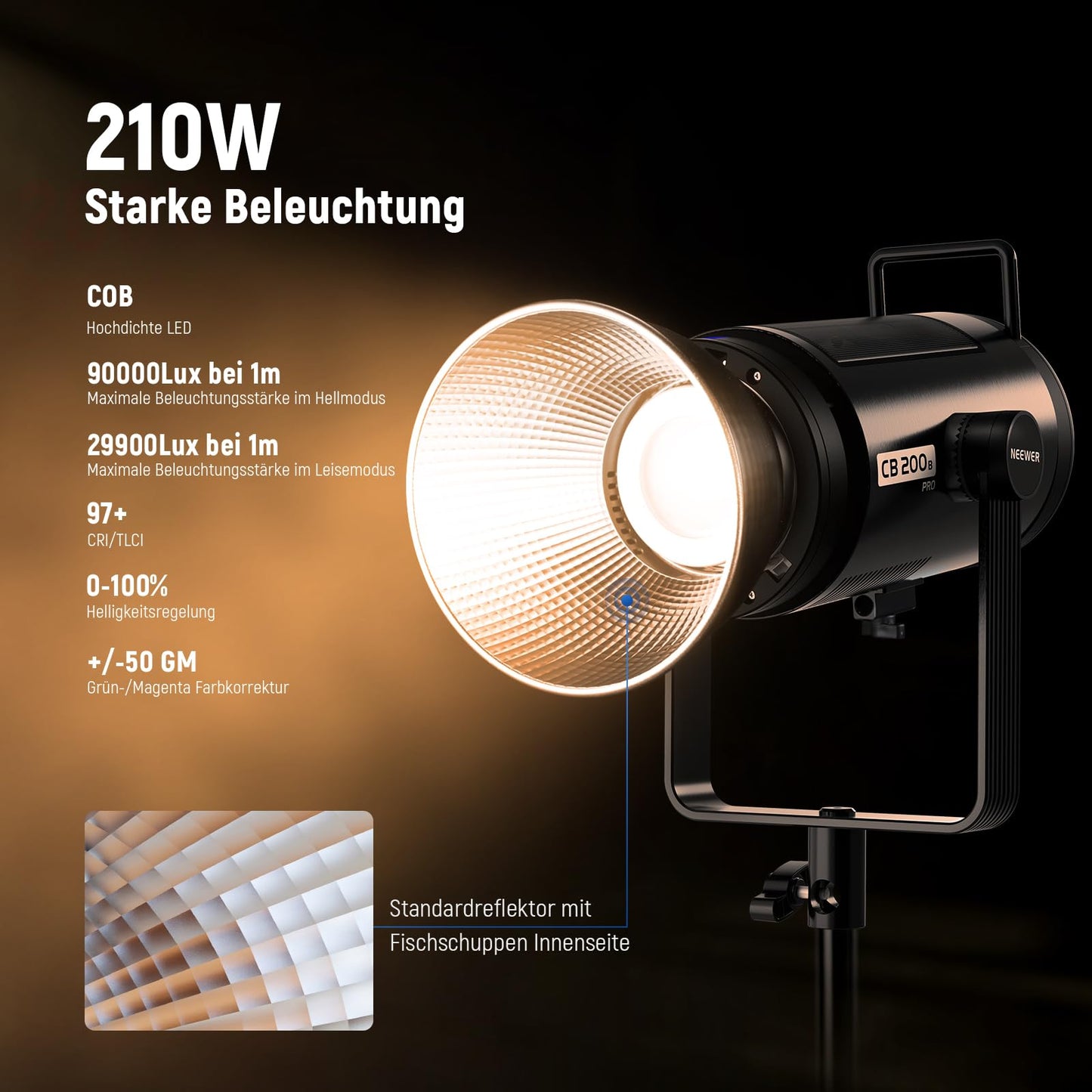 NEEWER 210W COB LED video light with 2.4 G/APP control, 2700K-6500K two-color continuous light power for studio photography with Bowens mount, 90000Lux/1m, CRI/TLCI97+, GM ±50, CB200B PRO
