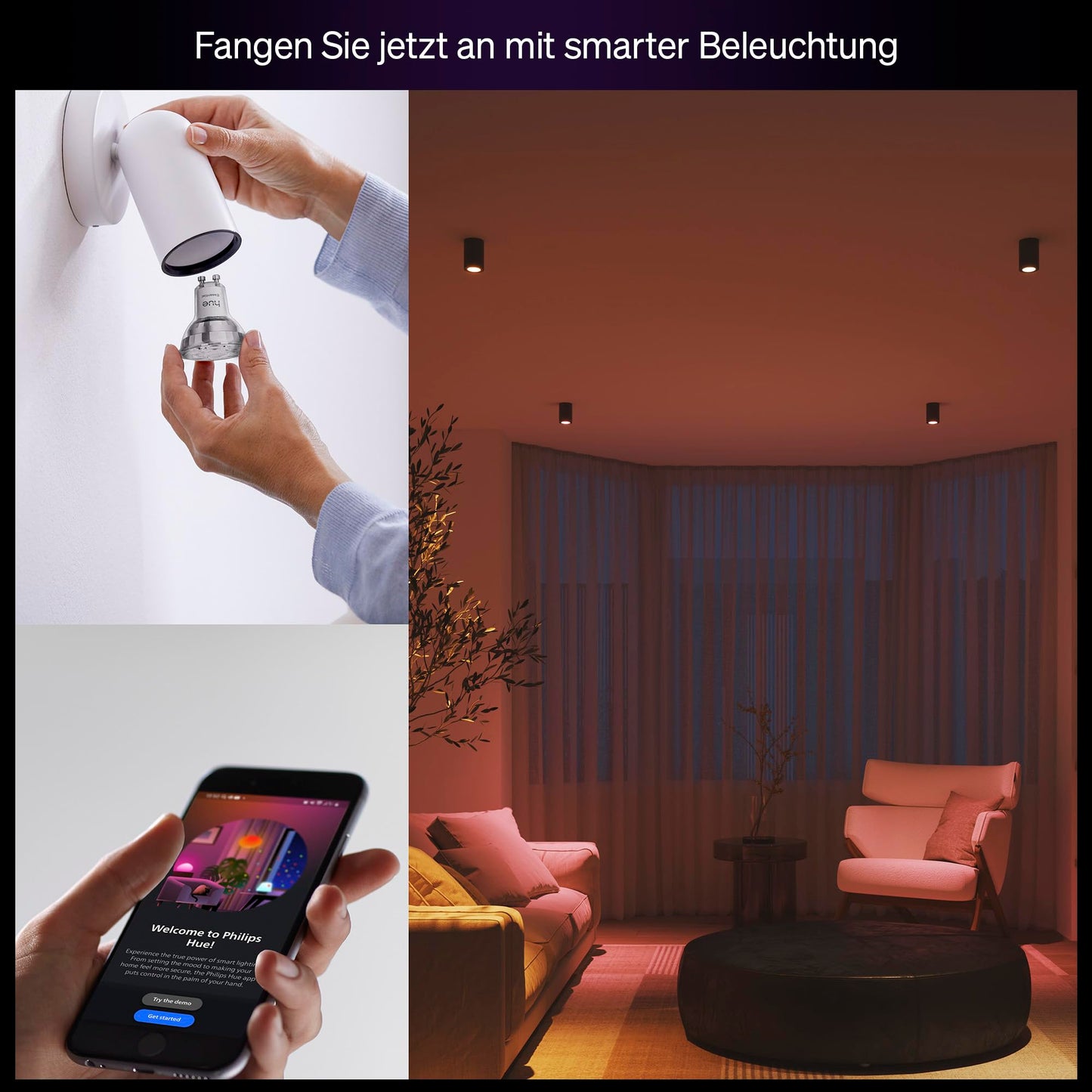 Philips Hue Essential Smart LED GU10 Spotlight, white and color, 345 lm energy-saving lamps, dimmable, LED bulbs compatible with Alexa, Google Assistant and Apple Home, pack of 4 - 929004235703