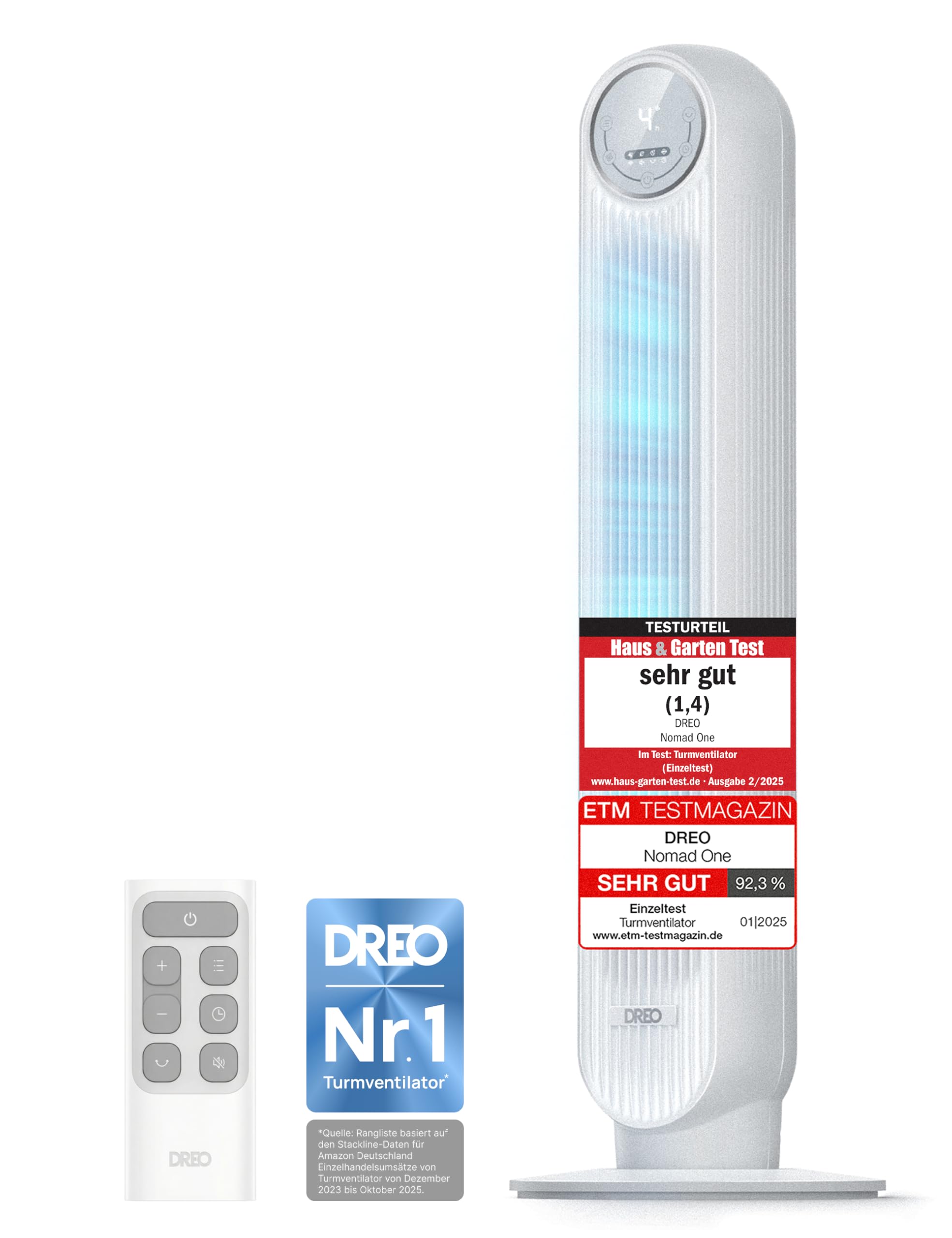 DREO 20dB Quiet Tower Fan, 10m Throw 4 Speed Levels 4 Modes 8 Hour Timer 90° Oscillating Fan with Cooling Remote Control for Bedroom, Nomad One, White - DR-HTF007