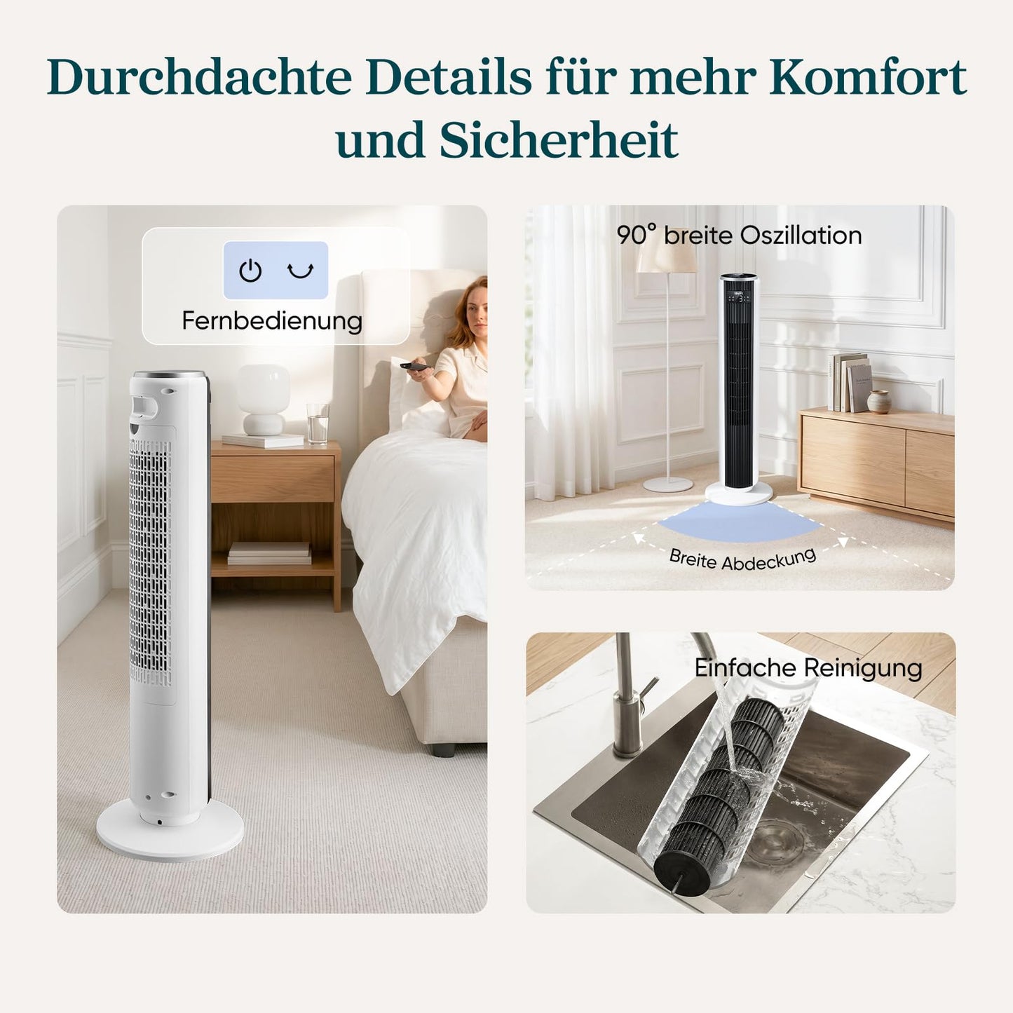 Levoit - DC motor tower fan - 20dB very quiet fan - 4 modes/12 levels/12 hour timer - remote control & cooling - tower fan with 7.9m/s speed - 24W pedestal fan - white, 92 cm - LTF-F362-WEU