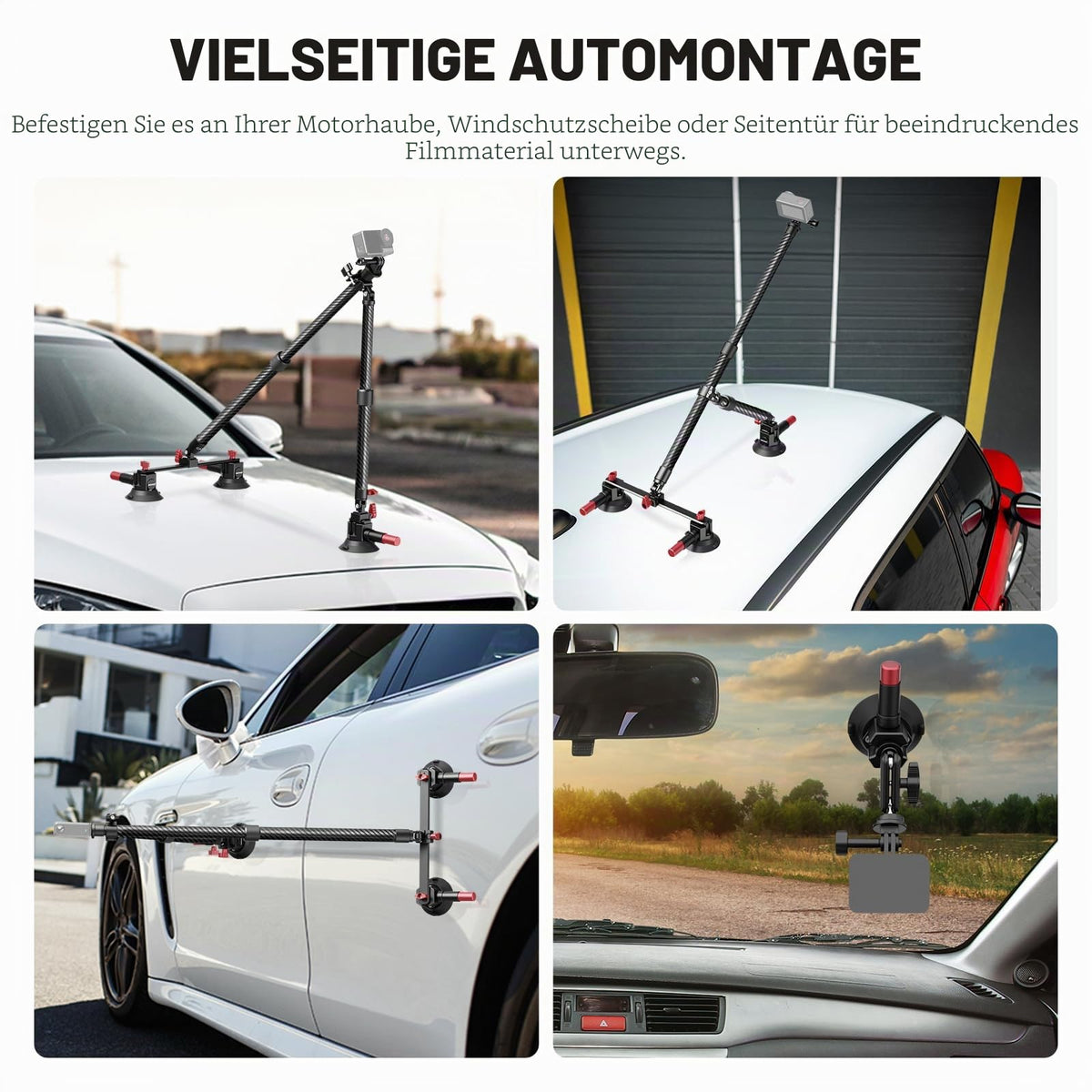 NEEWER car mount set with three suction cups, camera mount made of carbon fiber with action camera adapter, NATO rail and 60cm extension rod compatible with GoPro Insta360, max load 1kg CA136