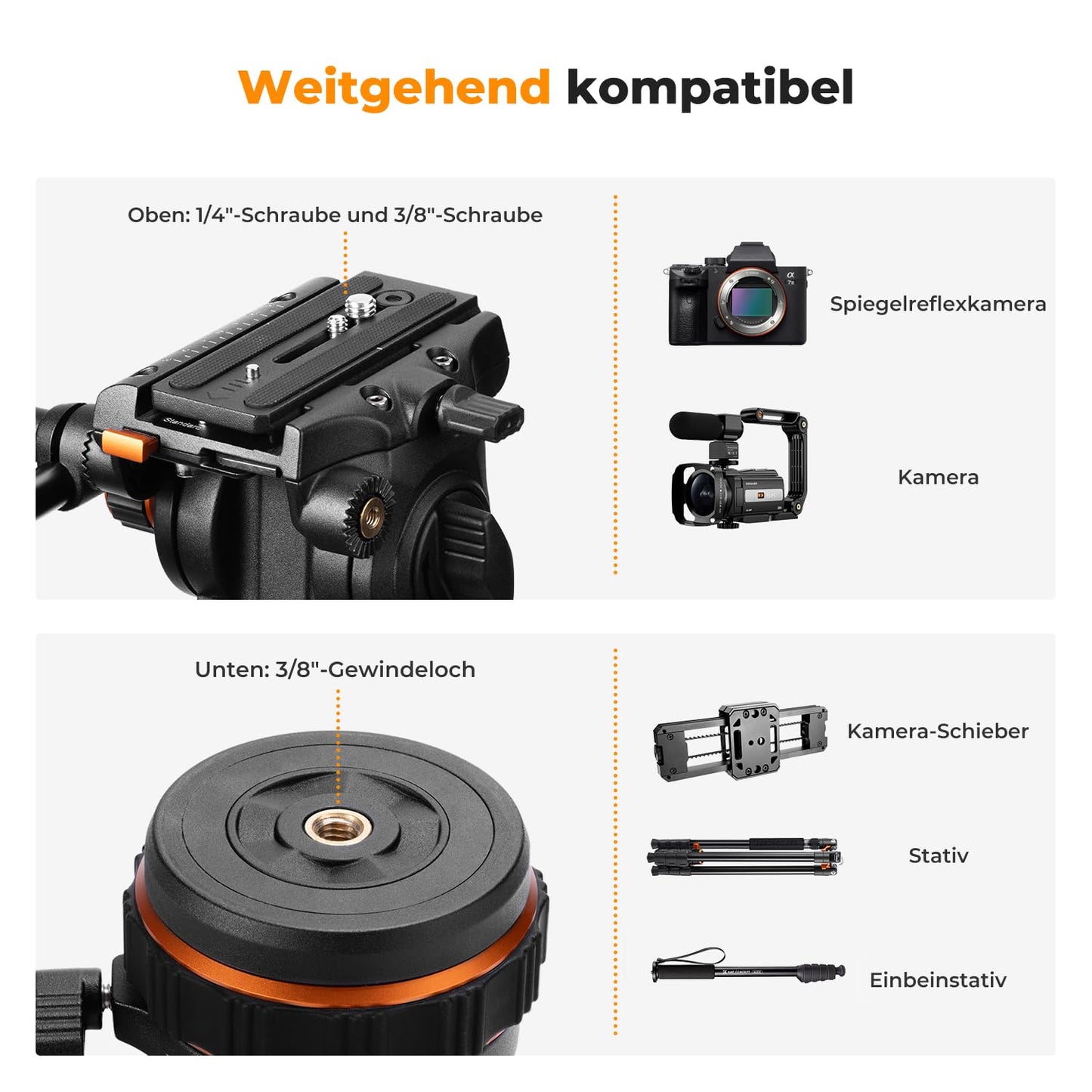 Video tripod, K&F Concept VA3+BV20 aluminum black camera tripod, with 360° fluid head, 191cm video tripod, compatible with Canon Nikon Sony and other DSLR, camcorders, cameras, 10kg load capacity - KF09.148